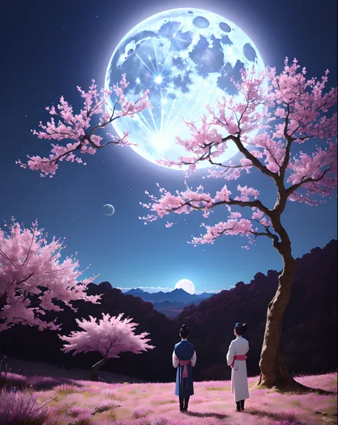 The image is a digital painting set against a mystical landscape. The scene is dominated by a massive, pale moon or celestial body that fills the sky, radiating soft light. This moon appears to be close to the viewer, as its surface shows subtle spots or m...