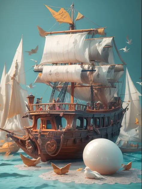 There is a pirate ship with a pirate hat on top, atmosphere, storm floating in the air, paper birds, (miniature: 1.2), 2.5d illustration, 3d rendering, 3d modeling, bubble matt, trend in behans 3d art, trend in behans 3d art, 3d illustration, 3d illustrati...