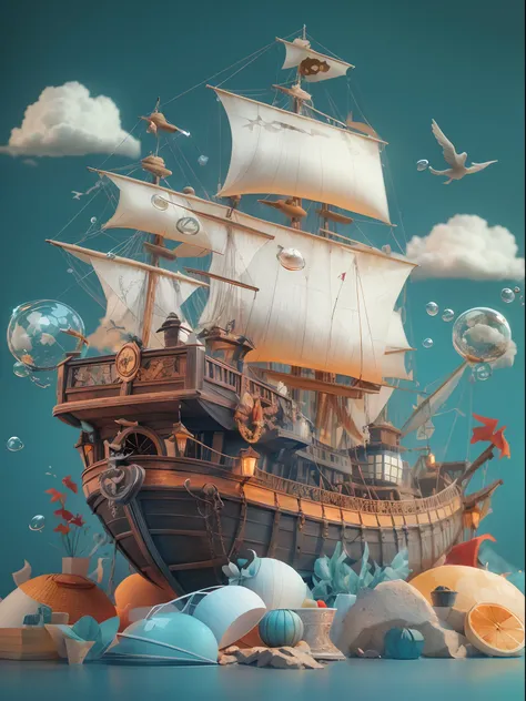 There is a pirate ship with a pirate hat on top, atmosphere, storm floating in the air, paper birds, (miniature: 1.2), 2.5d illustration, 3d rendering, 3d modeling, bubble matt, trend in behans 3d art, trend in behans 3d art, 3d illustration, 3d illustrati...