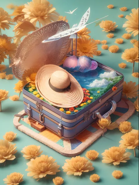 There is a suitcase with a straw hat on top, clouds, atmosphere, leaves, chrysanthemums floating in the air, paper airplanes, (miniature: 1.2), 2.5d illustration, 3d rendering, 3d modeling, bubble matt, trend in behans 3d art, trend in behans 3d art, 3d il...