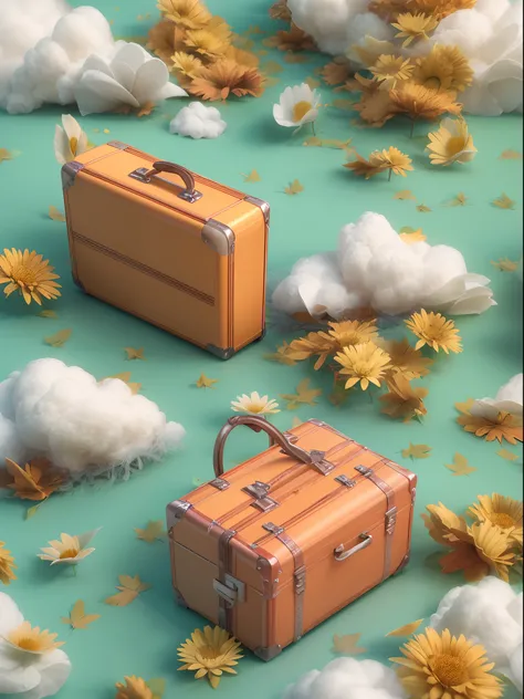 There is a suitcase with a straw hat on top, clouds, atmosphere, leaves, chrysanthemums floating in the air, paper airplanes, (miniature: 1.2), 2.5d illustration, 3d rendering, 3d modeling, bubble matt, trend in behans 3d art, trend in behans 3d art, 3d il...