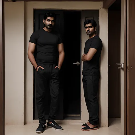 Indian men wearing black shirt black pant holding a door to open realistic portrait