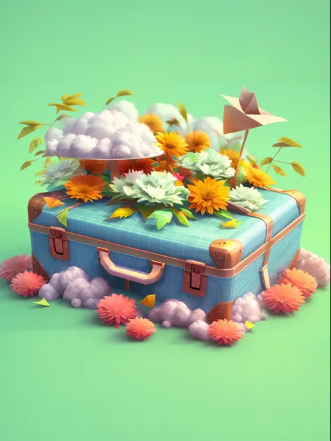 There is a suitcase with a straw hat on top, clouds, atmosphere, leaves, chrysanthemums floating in the air, paper airplanes, (miniature: 1.2), 2.5d illustration, 3d rendering, 3d modeling, bubble matt, trend in behans 3d art, trend in behans 3d art, 3d il...