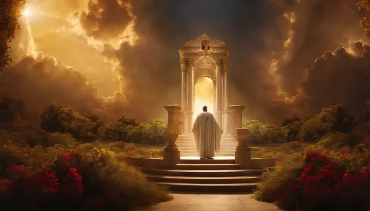 Crie uma imagem realista ,  where an older man is raptured to heaven and finds the throne of God. the image needs to reflect the passage in the Bible where Paul describes his rapture.