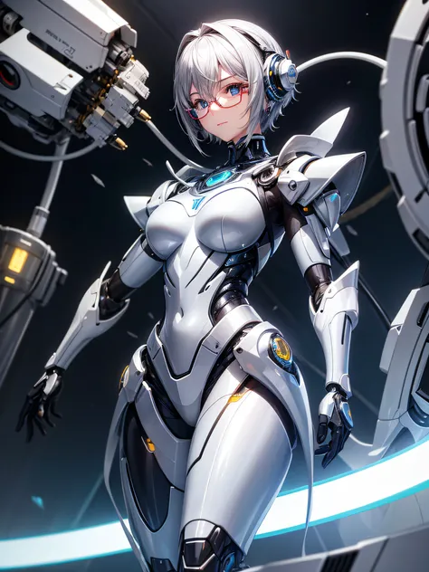 5 8K UHD、Mechanical beauty with shiny silver body wearing glasses is posing、Shiny silver robot with hidden skin