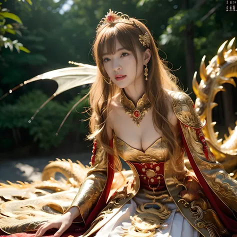 (Fight fiercely with dragons)、top-quality、​masterpiece、超A high resolution、（White Dragon Armor）、dragon armor、(Wearing a beautiful crown made of jewels),(Photorealsitic:1.4)、Raw photo、女の子1人、Golden hair、glowy skin、(((Chinese Dragon)))、（Gorgeous Jewelry Neckla...