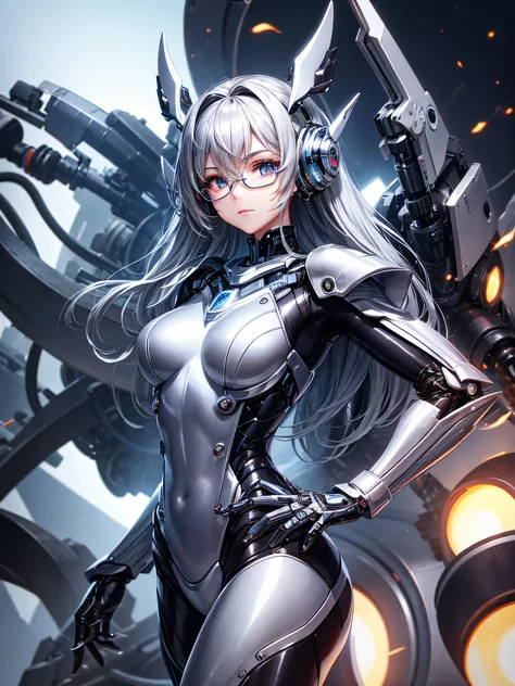 5 8K UHD、Mechanical beauty with shiny silver body wearing glasses is posing、Shiny silver robot with hidden skin