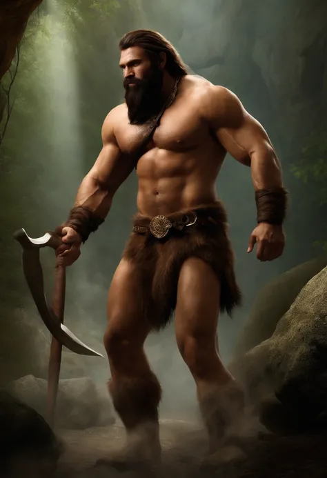 (best quality,realistic),(cave man:1.1,bearded:1.1,big and hairy:1.1,strong and robust:1.1,alpha male:1.1),wearing (loincloth:1.1) and nothing else, (rough and wild appearance,primal and rugged look), in a (prehistoric:1.1) setting, (dark and gloomy lighti...