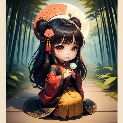 ​masterpiece、top-quality、ultra-detailliert、(Chibi Chara Ancient Chinese Daughter:1.2)、Black long-haired、dark kimono、Sad tears、Fan in hand、bamboo forrest、The background is a huge round moon、