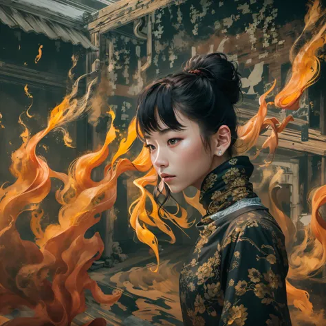 Side 32K，exteriors，roof，People are small（tmasterpiece，k hd，hyper HD，32K）Long flowing black hair，Tang Dynasty complex，zydink， a color，废墟（canyons）， （Linen batik scarf）， Combat posture， looking at the ground， Linen bandana， Chinese python pattern long-sleeved...