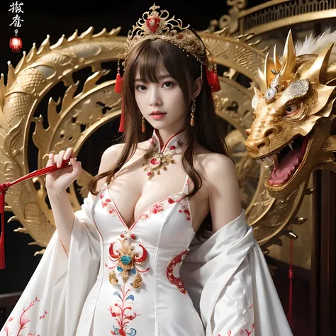 (Fight fiercely with dragons)、top-quality、​masterpiece、超A high resolution、（White Dragon Armor）、dragon armor、(Wearing a beautiful crown made of jewels),(Photorealsitic:1.4)、Raw photo、女の子1人、Golden hair、glowy skin、(((Chinese Dragon)))、（Gorgeous Jewelry Neckla...