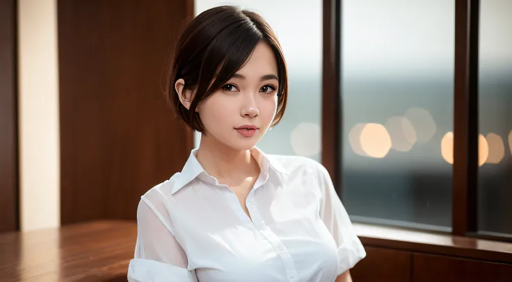 (8k, Best Quality, Masterpiece: 1.2), (Realistic, Photorealistic: 1.37), Super Detailed, 1 Girl, Cute, Alone, Beautiful Detailed Sky, Detailed Cafe, Night, Sitting, Date, ( Nose blush), (smile: 1.15), (close mouth) small breasts, beautiful details, (collar...