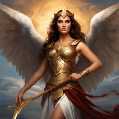 Greek Goddess Athena, brown hair, fierce gray eyes, angel white wings, she is wearing a greek light armor, she is holding a spear with her right hand, religious painting