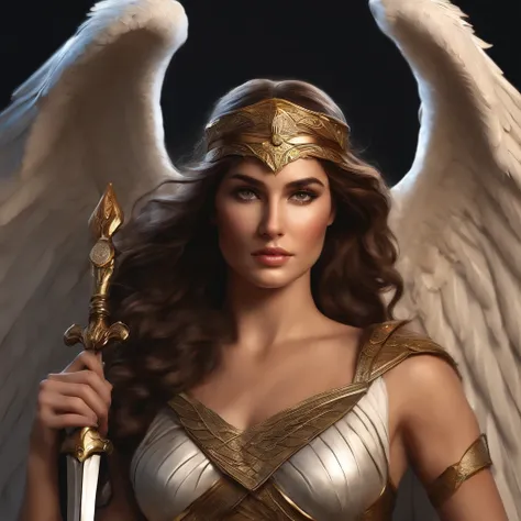 Greek Goddess Athena, brown hair, fierce gray eyes, angel white wings, she is wearing a greek light armor, she is holding a spear with her right hand, religious painting