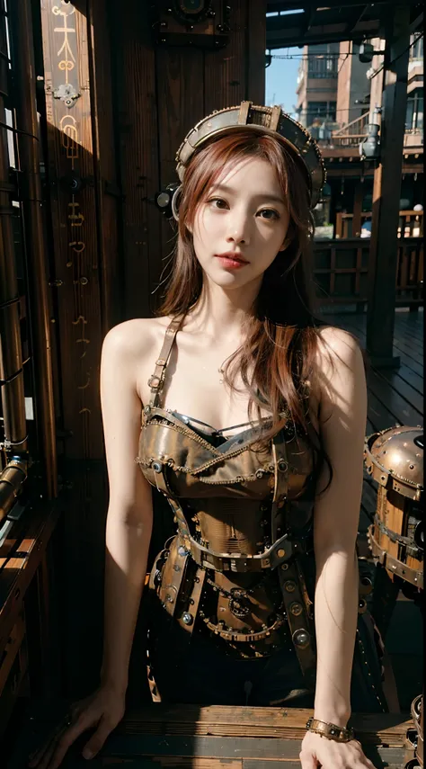 (8k, RAW photo, best quality, mastery:1.2), (realistic, photo-realistic:1.37), (aegyo sal:1), malicious Steampunk gal, (Asian Steampunk:1.8), tatooed, natural light, sunlight, photon mapping, radiosity, physically-based rendering , cosplay, steampunk googl...