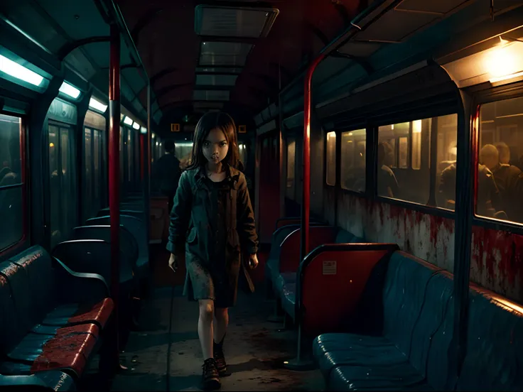 Child with beautiful face and sexy body on a bus, Night, full of monsters, zombies, ghosts, public transport, scary, woman in panic, rich detail, perfect, scary image