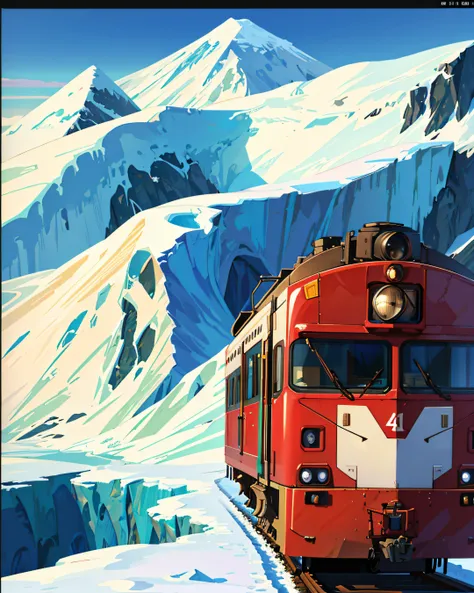 Masterpiece, view of train in snow, antarctic continent, adventure, nature,  primitive, profesional art, art concept, landscape, (wallpaper unified 8k), best view, HD quality, detailed, perfect view, esthetic, nft.