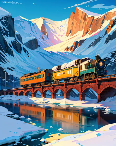 Masterpiece, view of train in snow, antarctic continent, adventure, nature,  primitive, profesional art, art concept, landscape, (wallpaper unified 8k), best view, HD quality, detailed, perfect view, esthetic, nft.