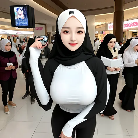 Hijab,realistic,kpop idol,1girl,korean girl,sexy,beautiful,he tall,super big breast,(X cup),happy,smiling very detailed face,tight t-shirt,hijab,and long tight pants outfit,in mall,standing pose sexy,selfie look at camera,pose sexy,beautiful,and hot