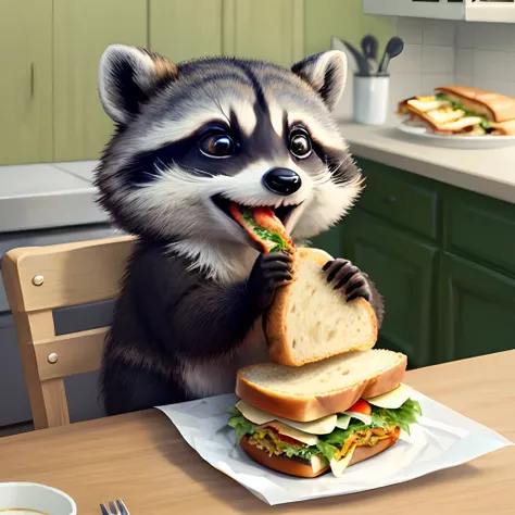 Raccoon eating sandwich