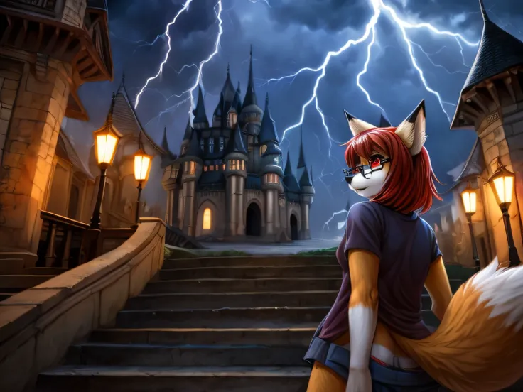 Young fox furry girl with short red hair, beautiful red eyes,  wearing glasses standing in front a flight of stairs, looking up at them, with haunted castle in the background, while a thunderstorm rages, viewed from behind her