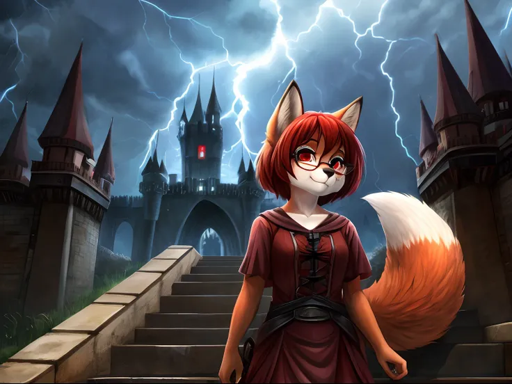 Young fox furry girl with short red hair, beautiful red eyes,  wearing glasses standing in front a flight of stairs, looking up at them, with haunted castle in the background, while a thunderstorm rages, viewed from behind her