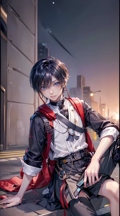 ((4K works))、​masterpiece、（top-quality)、((high-level image quality))、((One Manly Boy))、Slim body、((Attractive and sexy fashion))、((Mens Fashion))、((Holding a backpack and iPhone in hand))、(Detailed beautiful eyes)、In a fashionable city、Sitting on the curb ...