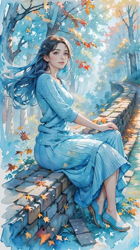 8K,​masterpiece,top-quality, (From the top:1.6) ,(close up:1.1),Dynamic Pose,Sitting on bricks in the forest of autumn leaves,Beautiful woman at 30 years old,Portrait, light, Long hair, A smile, watercolor paiting (Medium),watercolor paiting,(Plain short-s...