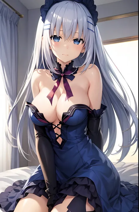 solo girl, in bed, long hair, silver hair and  blue eyes, light shirt and no bra, anime visual of a cute girl, screenshot from the anime film, & her expression is solemn, in the anime film, in an anime, anime visual of a young woman, she has a cute express...