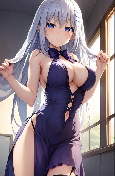 solo girl, in bed, long hair, silver hair and  blue eyes, light shirt and no bra, anime visual of a cute girl, screenshot from the anime film, & her expression is solemn, in the anime film, in an anime, anime visual of a young woman, she has a cute express...