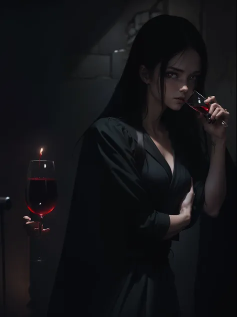 1 vampire girl, character focus ,close to view, cowboy shot, (Faintly emerge from the darkness), (holding wine glass), cinematic lighting, red eyes, black robe background underground prison , high resolution,(incredibly absurdres), anime visual,ultra detai...