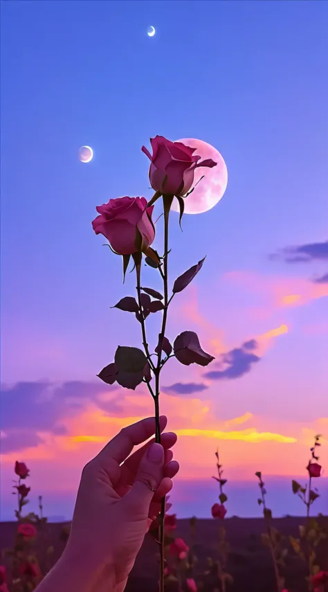 Someone was holding a rose in his hand，The background is the full moon, beautiful iphone wallpaper, Holding a rose, Wallpaper phone, phone wallpaper hd, Beautiful wallpaper, Pink moon, iphone wallpaper, hd phone wallpaper, holding magic flowers, holding a ...