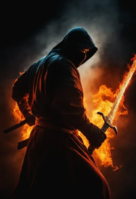 A ninja with his sword drawn engulfed in flame