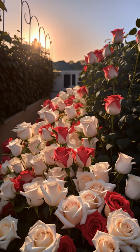 There are a lot of white and red roses in the garden, Beautiful and aesthetic, rosette, roses in cinematic light, rosses, white and red roses, floral sunset, an aesthetic field of flowers, laying on roses, beautiful flowers growing, Blooming flowers, a few...