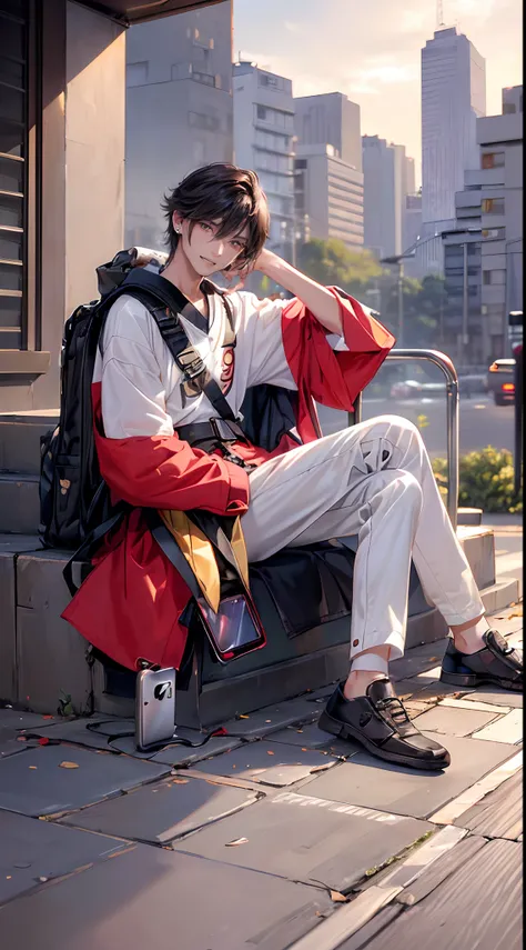 ((4K works))、​masterpiece、（top-quality)、((high-level image quality))、((One Manly Boy))、Slim body、((Attractive and sexy fashion))、((Mens Fashion))、((Holding a backpack and iPhone in hand))、(Detailed beautiful eyes)、In a fashionable city、Sitting on the curb ...