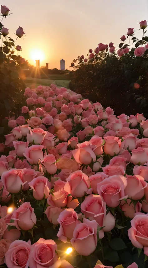 There is a pink rose field，The sun sets in the background, pink golden hour, Beautiful and aesthetic, floral sunset, an aesthetic field of flowers, beautiful aesthetic, roses in cinematic light, rosette, rosses, beautiful morning, Beautiful flowers, Beauti...