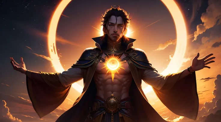 Image of Ra with clothes on, the sun god, ascending with a backdrop of a dark sky transitioning to dawn.