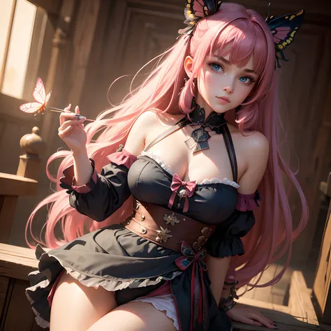 8k, masterpiece, best quality, realistic, higly detailed, cowboy shot, 1girl, solo, Nino, cute, cold-looking girl, waist-length straight hair, square bangs hanging over eyebrows, reddish-pink hair, twin butterfly-shaped ribbons on both sides of head, dark ...