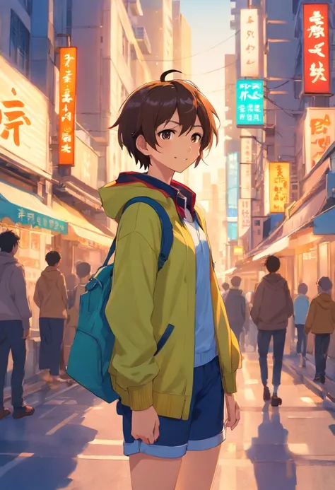 Standing on the streets of a bustling city、Backlight background to highlight subject、High contrast colors、4K high-definition quality、年轻、a smile、daili、Boy transformed into anime style with exaggerated unique facial features and clothes、行走