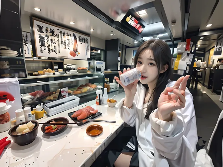 Woman in white robe holding up a glass of water in front of counter, けもの, eating sushi, photograph taken in 2 0 2 0, shikamimi, restaurant!!, chiho, 🦩🪐🐞👩🏻🦳, omina tachibana, harumi, taken in 2022