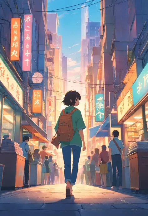 A bustling city、Backlight background to highlight subject、High contrast colors、4K high-definition quality、Walking、Adult man、sideways Facing