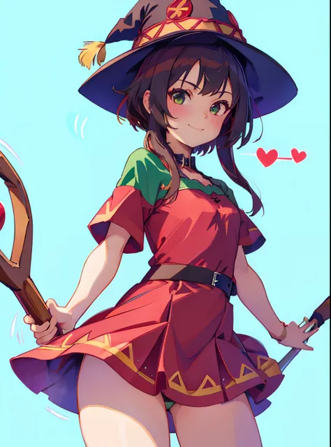 1girl, solo, short sleeves, green eyes, looking at viewer, smile, , simple background, heart   1girl,( steam, thong, megumin,  witch hat, red dress, magic staff,