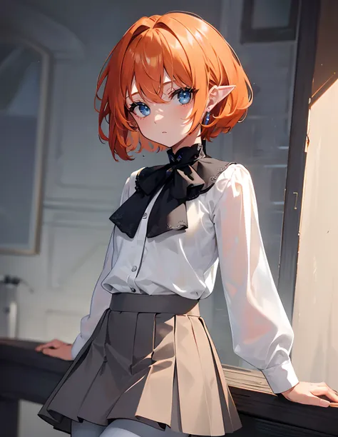 (masterpiece,best quality,ultra-detailed),1girl,messy hairstyle,thick hair,short hair,pixie cut,pointy ears,orange hair,beautiful and detailed face, detailed eyes,looking at viewer,small chest,((grey theme)),cowboy shot,white shirt,skirt,pantyhose