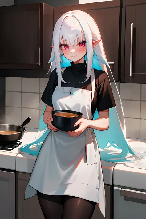 One girl with long hair, white hair, looking at viewer, smile, blushing, oversized naked black t shirt, t shirt only, thigh, pointy ears, perfect waist, pantyhose, kitchen, apron, soup ladle