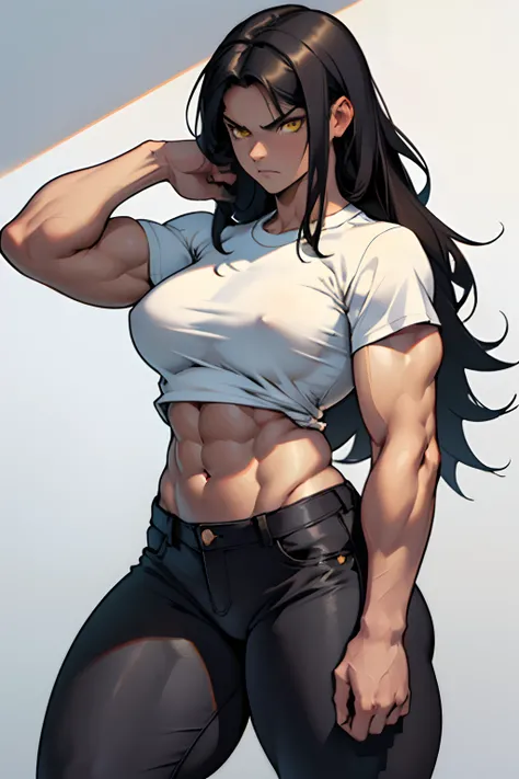 (((((muscular))))), (((thick thighs, small breasts, toned body, 1 girl))), black hair, yellow eyes, angry, (tight shirt pants very long hair pale skin) navel