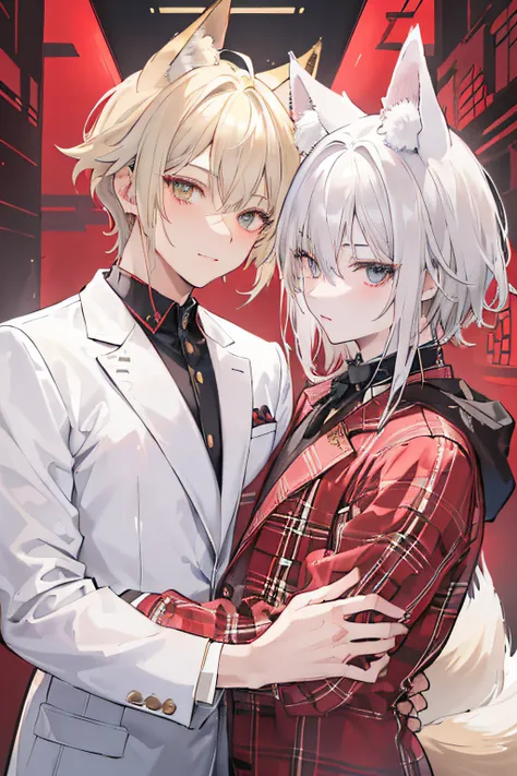 (((Two men、2 adult males)))、(((Blonde Man And Silver-Haired Man))), Golden Eyes, Fox ears、fluffy fox tail、red blush、校服、blazers、Plaid trousers、Conspiracy look、Short hair stylist,　Provocative facial expressions、grinning evily、Men with broad shoulders、　Variou...