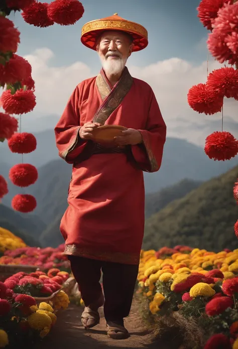 (high quality, masterpieces:1.2), illustration, an elderly Chinese man wearing chrysanthemums on his head, celebrating the Double Ninth Festival with closed eyes, lively chrysanthemum festival, charming smile, close-up of mountain climbing in the distance