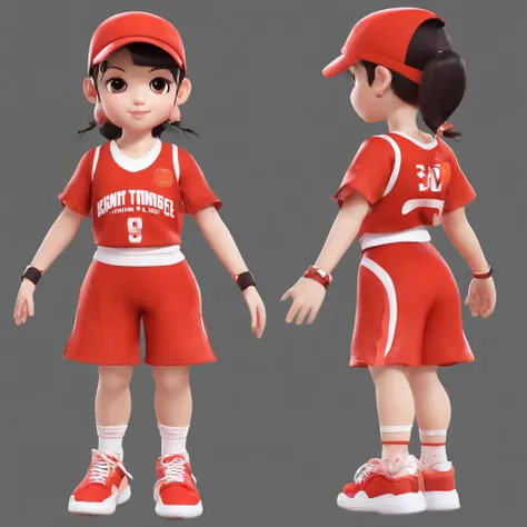 A basketball girl，Three View，The background is white，Innocent and cute - the eyes are super large and round。Smart and attentive - high skull top ponytail。But not strong enough - eight feet inside、Inner eight eyebrows。Little cleanliness - clothes are neat。C...