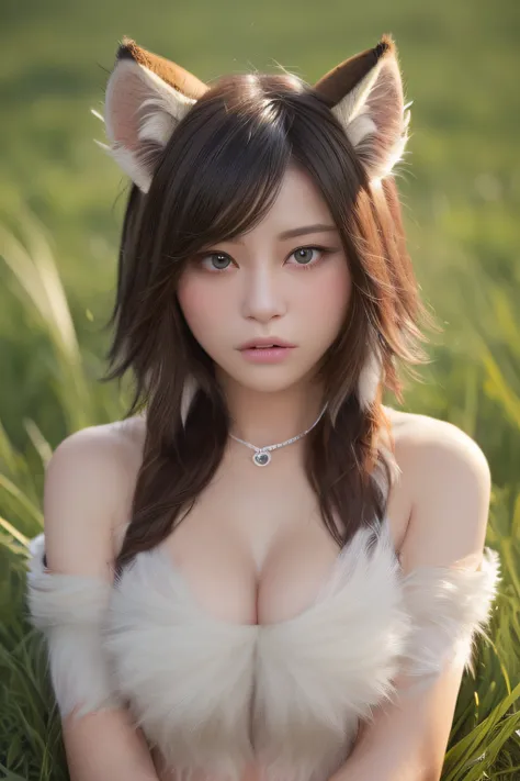 ((Best Quality, 8K, Masterpiece: 1.3)), Sharp: 1.2, Perfect Body Beauty: 1.4,1 girl,Highly detailed face,detailed eyes,double eyelids,(furry:2.0),furry cloth,have a cats ears,wide shot,grass field