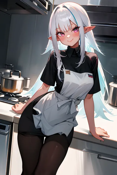 One girl with long hair, white hair, looking at viewer, smile, blushing, oversized naked black t shirt, t shirt only, thigh, pointy ears, perfect waist, pantyhose, kitchen, apron, spatula